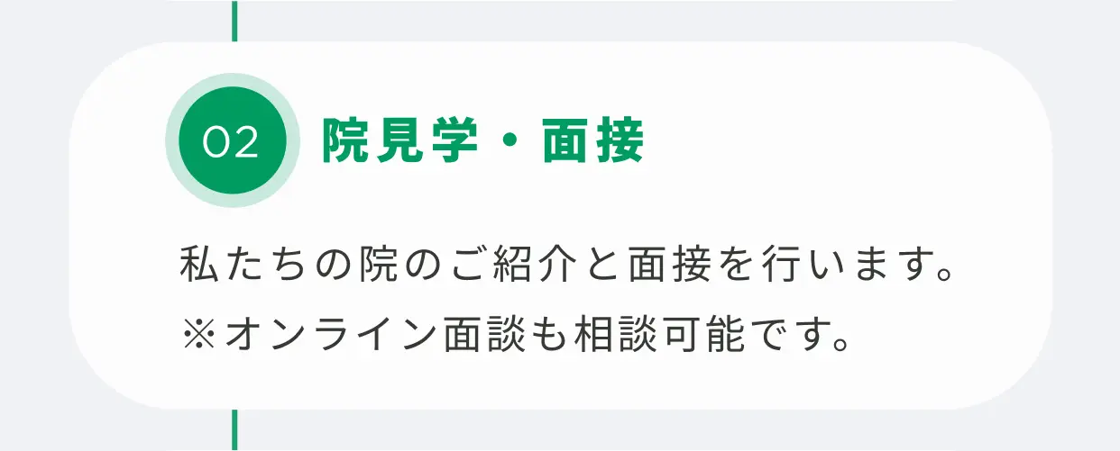 02 院見学・面接 私たちの院のご紹介と面接を行います。※オンライン面談も相談可能です。