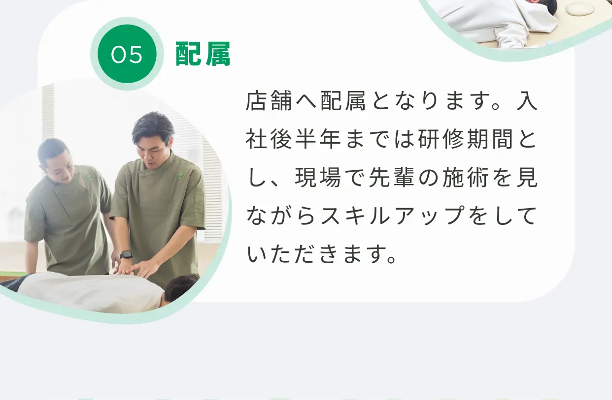 05 配属 店舗へ配属となります。入社後半年までは研修期間です。