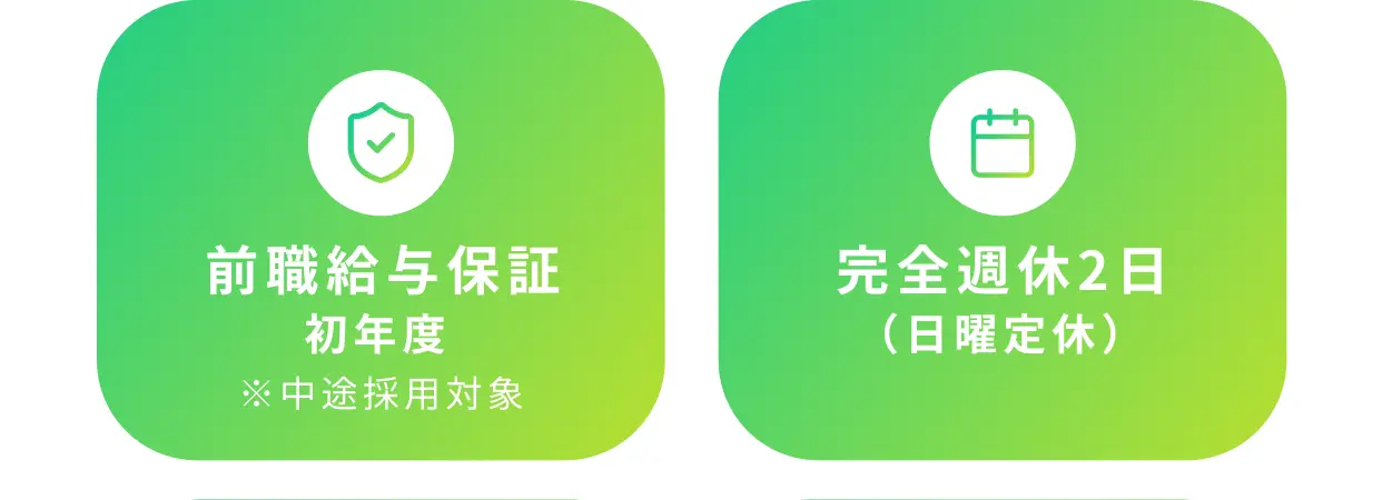 初年度 前職給与保証 ※中途採用対象 完全週休2日（日曜定休）