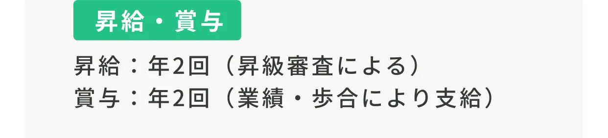 昇給・賞与 昇給：年2回（昇級審査による） 賞与：年2回（業績・歩合により支給）